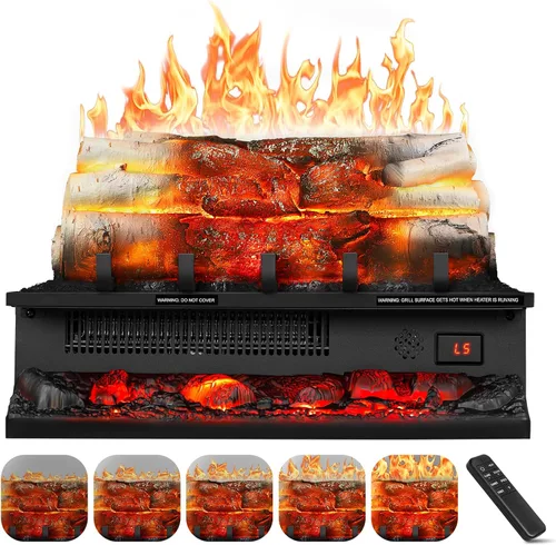 ZAFRO Juego de troncos de chimenea eléctrica de 750 W/1500 W, tronco eléctrico con brillo y velocidad de 5 llamas ajustables, 3 sonidos de música,