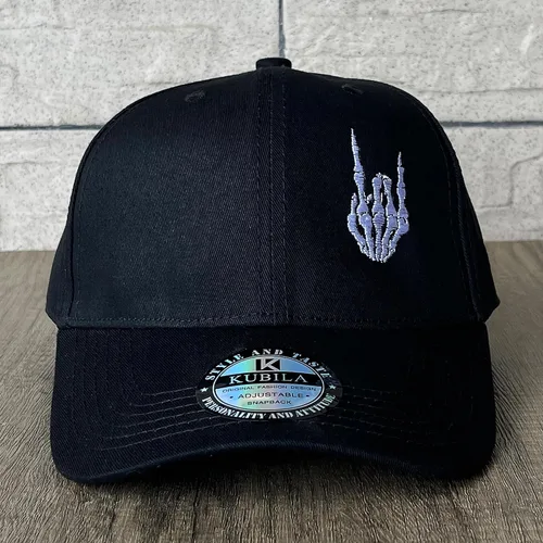 Miniatura 4 de Gorra de béisbol bordada con mano de esqueleto con dedo, divertidos sombreros negros lisos para papá para hombres y mujeres