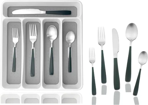 Miniatura 12 de JASHII - Juego de cubiertos con bandeja, 20 piezas de acero inoxidable cuadrado cubiertos servicio para 4, acabado mate, utensilios de alimentación