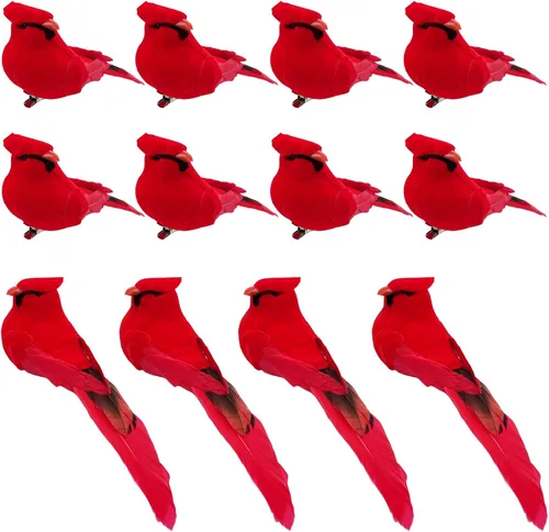 Miniatura 7 de 12 adornos de pájaros cardenales rojos, decoración de árbol de Navidad, 5.5 pulgadas, clip en tela emplumada, pájaros artificiales para decoración