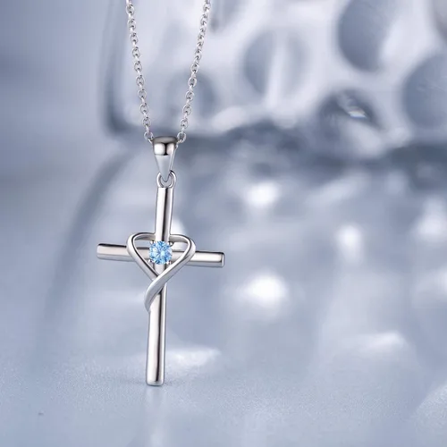 Miniatura 5 de AmorAime - Collar con cruz de plata de ley 925 para mujeres y hombres, collares de piedra natal de circonita cúbica 5A, chapado en oro de 14