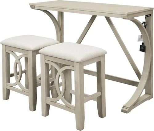 Miniatura 5 de Merax Farmhouse - Juego de mesa de comedor de 3 piezas con puerto USB y 2 taburetes tapizados, color crema