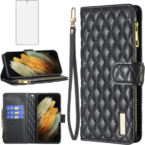 Asuwish Funda de teléfono para Samsung Galaxy S21 Ultra 5G Funda tipo cartera con protector de pantalla de vidrio templado y tarjetero de cuero con