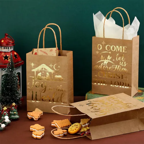 Miniatura 3 de Sabary 24 bolsas de regalo religiosas de Navidad, bolsas de regalo cristianas de Navidad, bolsas de regalo de papel kraft metálico con asas