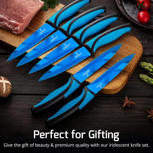 Miniatura 7 de SiliSlick Juego de cuchillos para carne de acero inoxidable, cuchillos de cocina coloridos con revestimiento de titanio con borde recto, suave