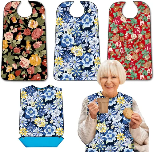 Miniatura 12 de Paquete de 3 baberos para adultos con recogedor de migas, baberos lavables y ajustables para adultos para mujeres mayores, baberos para comer