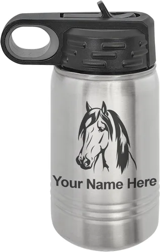 Miniatura 43 de LaserGram Botella de agua personalizada, cabeza de caballo 1, acero inoxidable de doble pared aislada al vacío con popote superior, regalo grabado