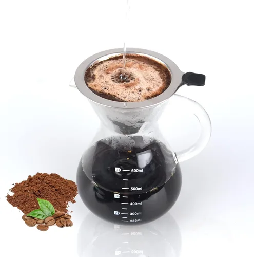 Miniatura 10 de T-mark Cafetera vertida con filtro reutilizable de acero inoxidable de doble capa, jarra de café de vidrio sin BPA de 13.5 fl oz/14oz, cafetera