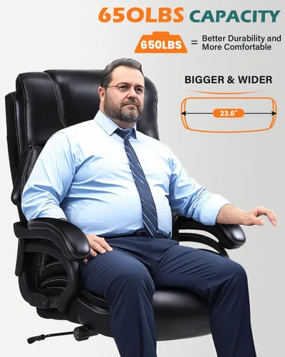 Miniatura 2 de BOSMILLER Silla de oficina grande y alta de 650 libras para personas pesadas con soporte lumbar ajustable, cómoda silla de oficina ejecutiva Negro