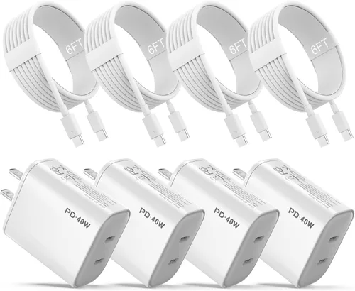 Cargador para iPhone 17 16 15, paquete de 4 unidades 40W Cargador USB C de doble puerto de carga rápida (paquete de 4 unidades con cable de 6 pies