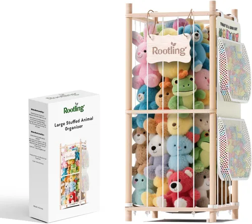 Miniatura 11 de Almacenamiento y organizador de animales de peluche, soporte de madera de 54 pulgadas de alto para juguetes de zoológico con bolsa de almacenamiento
