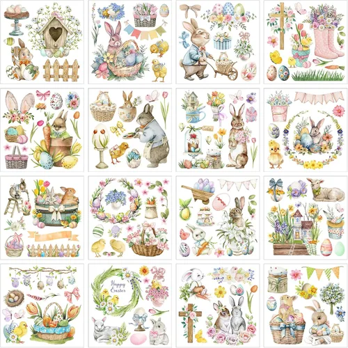 Dispowreath 16 hojas de calcomanías de transferencia con frotación de Pascua, calcomanías para manualidades y muebles, calcomanías para álbumes de