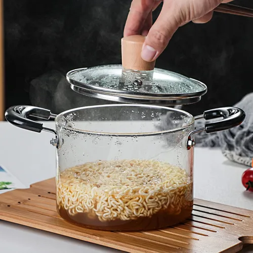 Miniatura 3 de Cacerola de vidrio con tapa, resistente al calor, olla de cocina de vidrio de borosilicato de madera con doble asa, cristalería transparente