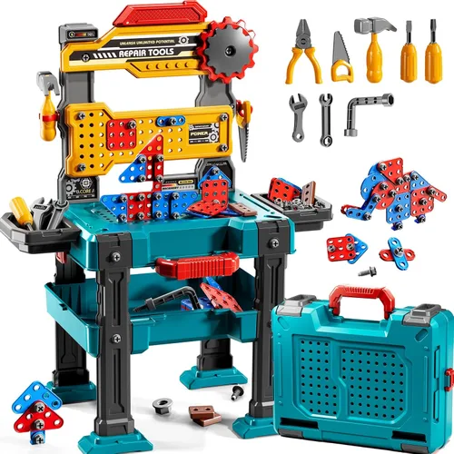 Miniatura 10 de Juego de Herramientas de Juguete para Niños de 3 4 5 6 7 8 años, Juguetes de Banco de Trabajo 2 en 1 para Niños Pequeños de 3-5 años, Caja