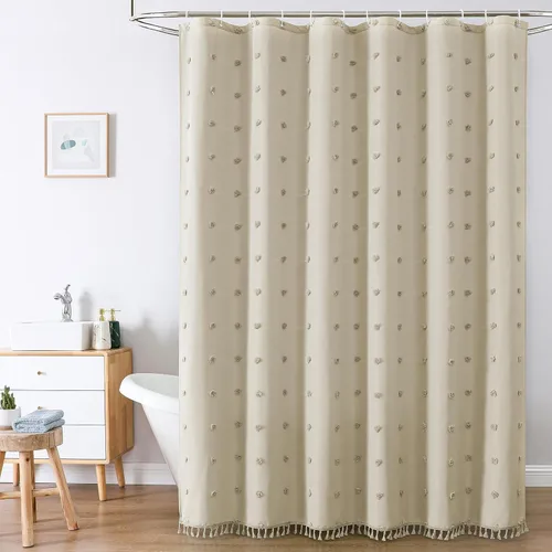 Miniatura 2 de LilyCat Cortina de Ducha de Tela Beige Estilo Boho Granja, 72x72 pulgadas Plisados Acolchados Florales Abullonados con Textura de Borlas, Cortina