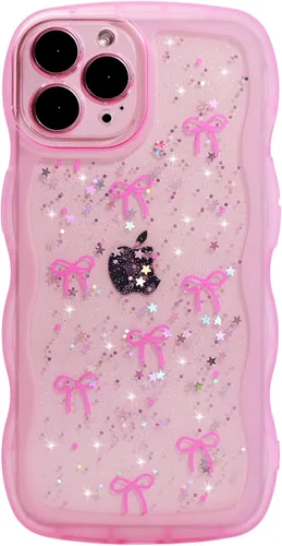 Miniatura 61 de Qokey Funda para iPhone 12 Pro Max de 6.7 pulgadas, diseño de onda rizada, borde transparente, brillante con purpurina, estrella brillante, bonita
