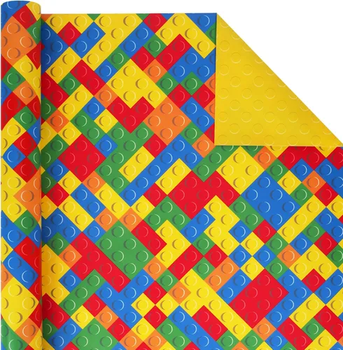 BIOBROWN Papel de Regalo de Bloques de Construcción Reversibles para Niños y Niñas - 17 Pulgadas X 33 Pies - Papel de Regalo con Diseño de Ladrillos