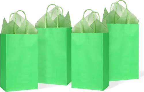 Miniatura 9 de DjinnGlory Paquete de 24 pequeñas bolsas de regalo de papel verde con asas y papel de seda para recuerdos de fiesta, golosinas, pequeñas empresas