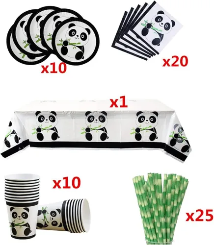 Miniatura 2 de 66 piezas de suministros de fiesta de panda, juego de vajilla desechable con platos, vasos, servilletas, pajitas, mantel para niños, baby shower