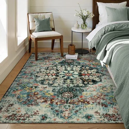 Miniatura 2 de Lahome Alfombra bohemia con medallón floral, 4 x 6 pies, color verde azulado, suave, lavable, antideslizante, apta para mascotas, alfombra