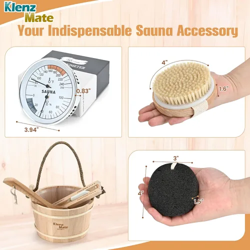 Miniatura 3 de Juego de 6 accesorios para sauna, juego de cubo y cucharón de madera para sauna, termómetro higrómetro, temporizador de reloj de arena para sauna
