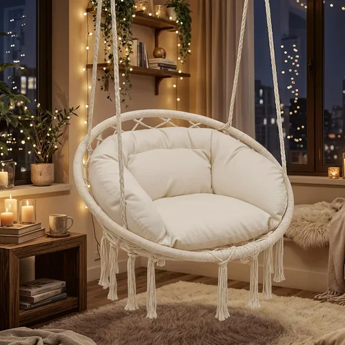 Miniatura 4 de Magshion Silla hamaca colgante con acogedor cojín completo, silla columpio de macramé exterior con capacidad de 350 libras, muebles decorativos Beige
