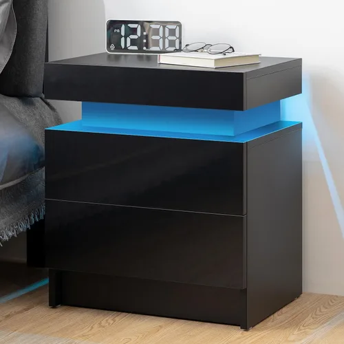 Miniatura 15 de HOMMPA Mesita de noche LED, mesita de noche blanca con luces LED, moderna mesita de noche con 2 cajones de alto brillo, mesita de noche inteligente