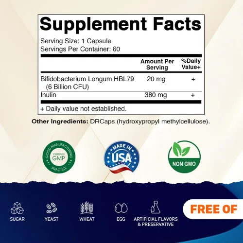 Miniatura 2 de Vitamatic Bifidobacterium Longum 6 mil millones de UFC por cápsula DR - 60 unidades - Promueve la salud intestinal - Fabricado con fibra prebiótica
