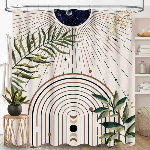 Cortina de ducha bohemia, moderna de mediados de siglo, abstracto, tropical, palmera, salvia, hoja verde, botánica, fase lunar, arco estético, de