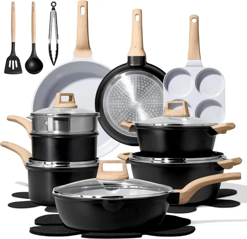 CAROTE Juego de 21 ollas y sartenes antiadherentes, juego de utensilios de cocina de inducción color negro con sartenes y cacerolas (PFOS, libre de