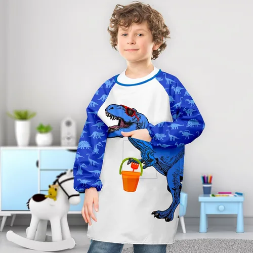 Miniatura 7 de PASHOP Bata de arte para niños, de unicornio, impermeable, para niñas, niños, manga larga, hasta la rodilla, con bolsillo (dinosaurio azul, 3-7 años)