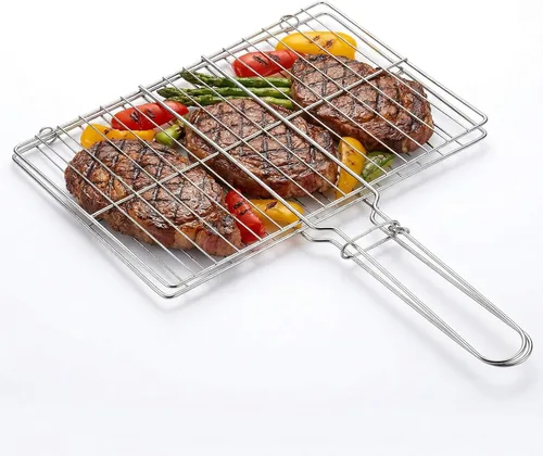 Cesta de acero inoxidable para barbacoa al aire libre, rejilla de parrilla con cerradura resistente para pescado, verduras, carne, camarones, carne