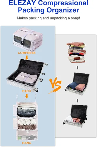 Miniatura 2 de ELEZAY Cubos de embalaje colgantes portátiles para armario, organizador de ropa de compresión plegable de 3 estantes para equipaje de mano, maleta