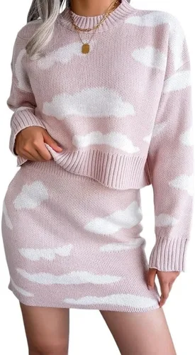 ONDIAN Women 2 Piece Knit Crew Neck Long Sleeve Outfits Loose Pullover Sweater Crop Top Mini Skirt Sets Bodycon Skirts