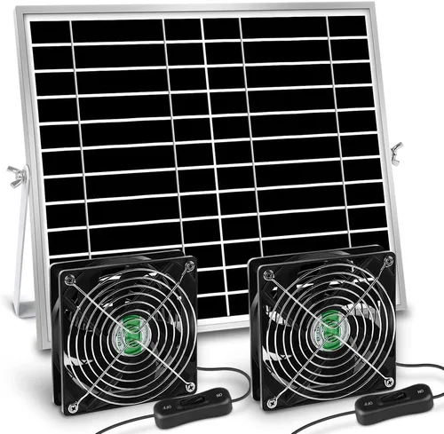 Ventilador de energía solar, ventilador solar para cobertizo, gallinero, invernadero, exterior con dos ventiladores IPX7 impermeables de 5 pulgadas,