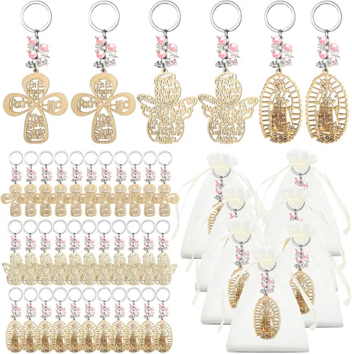 Miniatura 9 de Hicarer 30 piezas de llavero de bautismo regalo de bautizo recuerdos de bautizo para cruz llavero de madera con bolsas de organza (perlas azules)