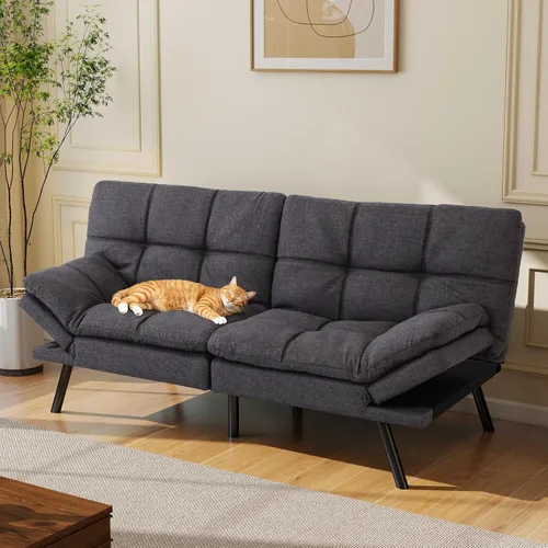 Miniatura 8 de Opoiar Sofá cama tipo futón de cuero negro convertible con espuma viscoelástica, juego de futón plegable y moderno para estudio, Drom, apartamento