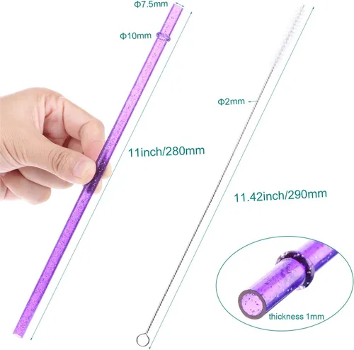 Miniatura 3 de Dakoufish Sin BPA 12 Piezas Pajitas Reutilizables de Plástico Transparente con Purpurina de 11 Pulgadas Más un Cepillo de Limpieza