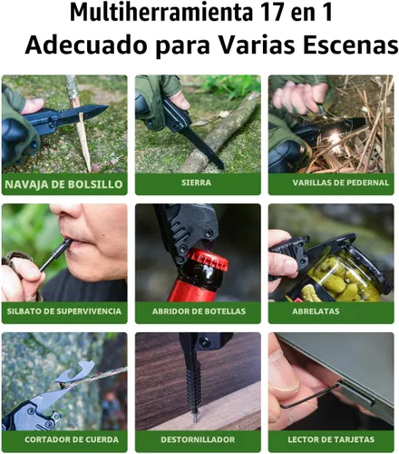 Miniatura 5 de Cuchillo multiuso 17 en 1 con varillas para iniciar fuego, abrebotellas, sierra, destornilladores, silbato, rompeventanas y más - Perfecto para Negro