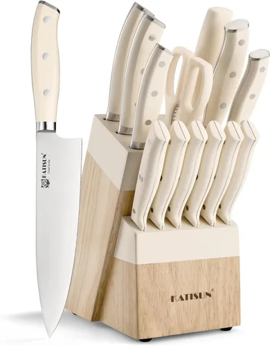 Miniatura 11 de Juego de cuchillos de cocina blancos de 15 piezas con piedra afiladora incorporada, asas ergonómicas de triple remache fijo, apto para lavavajillas