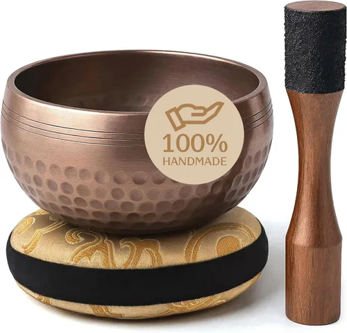 Juego de cuencos tibetanos – Auténtico diseño liso – Cuenco de sonido y cuenco de meditación con cojín, mazo y guía – Cuencos de sanación por sonido