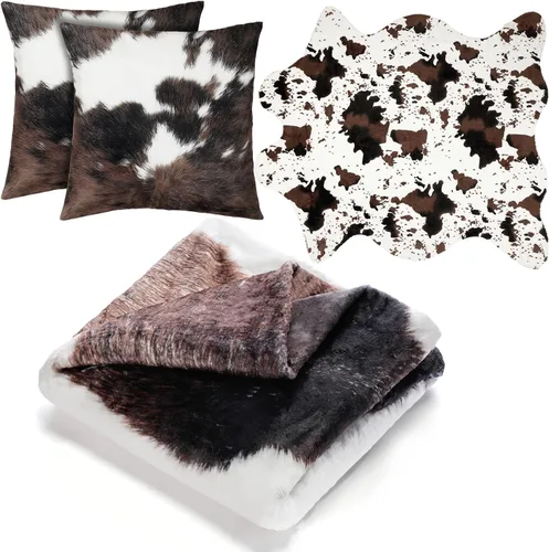Timgle Juego de 4 fundas de almohada de 3.6 x 2.5 pies, alfombra de piel de vaca de 50 x 60 pulgadas, manta suave de vaca de 18 x 18 pulgadas, funda