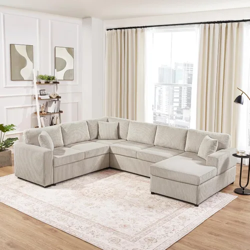 Miniatura 17 de JIVOIT Sofá cama moderno en forma de L con dos almohadas de respaldo, sofá cama modular de 124.8 pulgadas con cama extraíble, sofá modular Beige 052