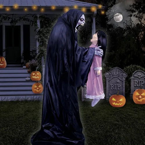 Miniatura 9 de Haunted Hill Farm Soul Sucker Demon Reaper con Niño de Tekky, Animatrónico de Halloween con Activación por Movimiento y Habla para Decoraciones