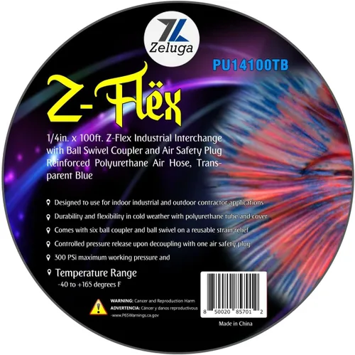 Zeluga Z-Flex - Intercambio industrial con acoplador de bola y enchufe de seguridad de aire, manguera de aire de poliuretano reforzado 300 PSI (azul