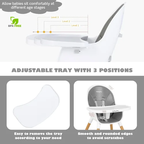 Miniatura 4 de BABY JOY Silla alta convertible para bebé, trona 3 en 1 con patas ajustables, bandeja apta para lavavajillas, cojín de poliuretano desmontable, Gris