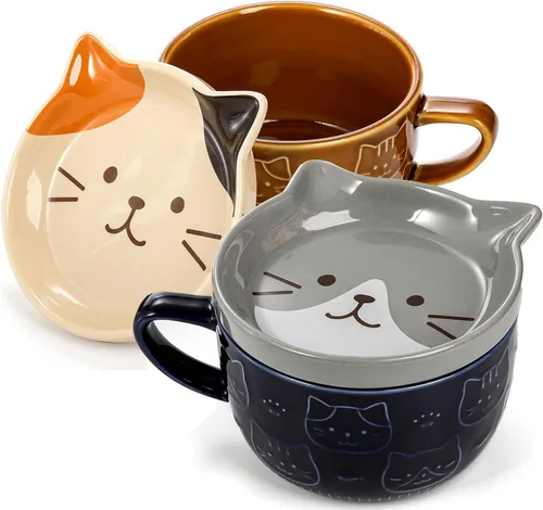 Cididu Juego de 2 Lindas Tazas de Cerámica con Gato con Tapa, Tazas de Café de Leche de 10 OZ con Posavasos, Linda Taza de Té Kawaii para Desayuno