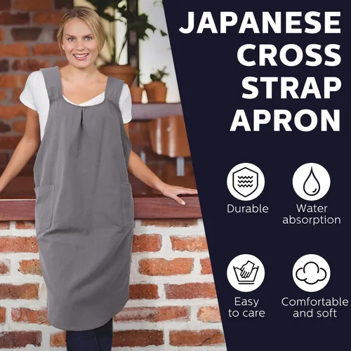 Miniatura 5 de JaGely Paquete de 2 delantales de cocina de lino japonés con espalda cruzada para mujeres y hombres con 2 bolsillos, lindo vestido de jardinería
