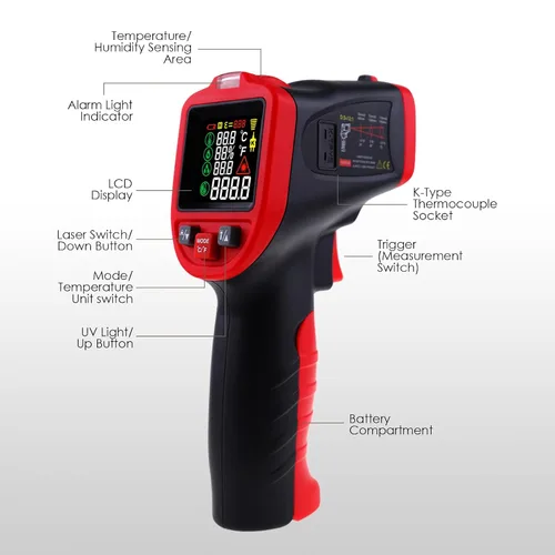 Miniatura 9 de Termómetro infrarrojo IR láser pistola de temperatura 58 ° ~ 1562 °F con termopar tipo K y abrazadera de plomo, termómetro digital con abrazadera