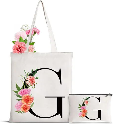 Miniatura 24 de Bolsa de lona con letra inicial personalizada, regalo para el día de la madre, damas de honor, novia, cumpleaños, boda Flower-D